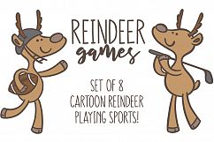 Reindeer Games: a set of 8 cartoon reindeer playing sports