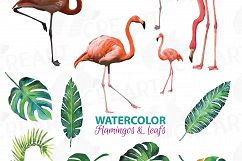 Watercolor Flamingos Clipart with watercolor leafs. 5 flamingos and 7 green leafs, flamingos and leafs collection, greenery, diy invitation Product Image 2
