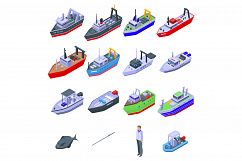Fishing boat icons set, isometric style Product Image 1