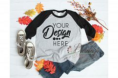 Raglan Fall TShirt Mockup Autumn Shirt Flat Lay Gray Black Product Image 1