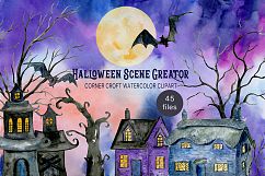 Watercolor Halloween Scene Creator with haunted buildings Product Image 1