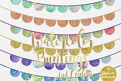RAINBOW BUNTING BANNER Clipart Watercolor Buntings &amp; Metallic Gold Glitter Confetti Fun Cute Birthday Party Graphics Product Image 3