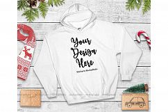 Christmas White Hoodie Mockup, Winter Holiday Flat Lay Product Image 1