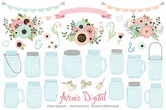 Pink and Mint Mason Jar Wedding Clipart Product Image 1