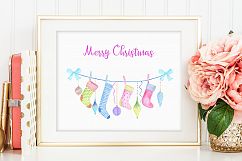 Hand painted watercolor Christmas Stockings on washing Line Product Image 9