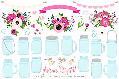 Hot Pink Mason Jar Floral Wedding Clipart Product Image 1