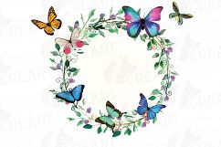 Watercolor Wreath with watercolour butterflies Clipart, Green Leaves and butterflies, Laurel Wreath, Watercolour background, Garden wedding Product Image 2