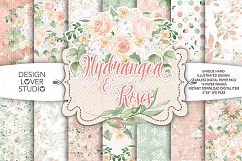Watercolor Hydrangea and roses digital paper pack Product Image 1