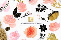 Blush pink Gold Black. Watercolour flowers Digital clipart designer kit. Product Image 6