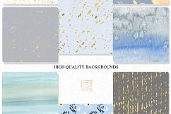 Dusty blue and gold watercolour flowers Digital clipart hand drawn. Soft blue, grey and cream colors. Product Image 6