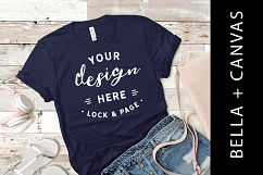 Bella Canvas 3001 Navy T Shirt Mockup Wood Floor Background Product Image 1