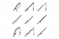 Modern fishing rod icons set, outline style Product Image 1