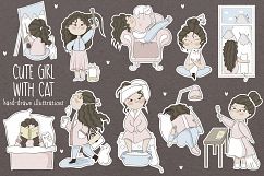 Cute girl with cat. Vector stickers Product Image 1