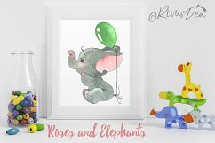 Roses and Elephants watercolor birthday clipart set Product Image 2