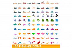 100 fishing icons set, cartoon style Product Image 1