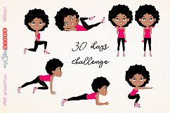 Afro girl fitness workout. cute girl 30 days challenge clipart, clip art illustration workout set for planner stickers, scraps or digital planning.  Product Image 1