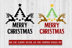 Merry Christmas with tree and reindeers SVG, DXF, Clipart Product Image 1