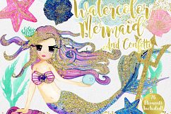 WATERCOLOR MERMAID Clipart  with Metallic Gold Confetti Mermaids Shells Starfish Ocean Watercolour Splash Graphics Product Image 6