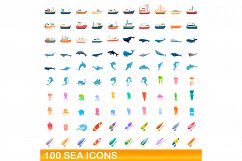 100 sea icons set, cartoon style Product Image 1