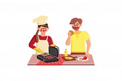 Indoor Grill Fry Meat Girl And Boy Together Vector Product Image 1