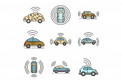 Driverless car icons set line color vector Product Image 1