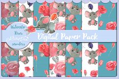 Roses and Elephants watercolor birthday clipart set Product Image 5