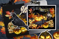 Spooky Halloween clipart with pumpkins, skull and ravens Product Image 1