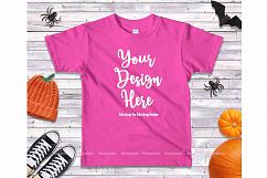 Halloween Fall Fuchsia Kids Shirt Mockup Teen Flat Lay Product Image 1