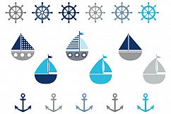 Gray nautical clipart set, Whales, boats, anchors, helms Product Image 2