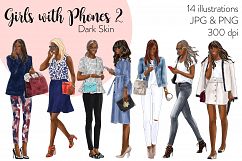 Fashion illustration clipart -Girls with Phones 2 -Dark Skin Product Image 1