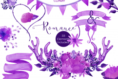PURPLE WEDDING CLIPART Woodland Watercolor Ultra Violet Floral Bouquets Deer Antlers Banners Digital Papers Graphics Product Image 2