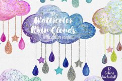 Cute Rainbow Watercolor Rain Clouds &amp; Rain Drops with Metallic Gold Glitter Confetti Baby Shower Clipart Nursery Graphics Set Product Image 3
