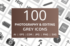 100 Photography &amp; Picture Flat Greyscale Icons Product Image 1