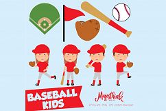 Base Ball Children Clip Art - Sport Clip Art - BASEBALL KIDS - with football sport element, ball, shoes, flag, whistle, flag digital Product Image 1
