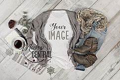 Women&#039;s White T-Shirt Apparel Winter Shirt Mockup Flat Lay Product Image 1