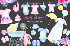 Watercolor Clipart Baby Shower, Baby Cloth, Pram, Crib, Christening Gown, Dress  Product Image 4