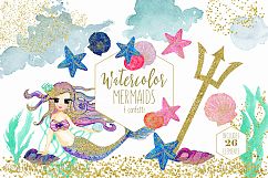 WATERCOLOR MERMAID Clipart  with Metallic Gold Confetti Mermaids Shells Starfish Ocean Watercolour Splash Graphics Product Image 1