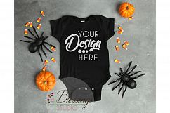 Halloween Mockup Black One piece bodysuit Fall Flat Lay Baby Product Image 1