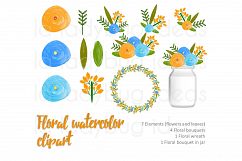 Orange and blue floral watercolor clip art collection.  Product Image 1