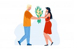 Boy Presenting Flowers To Girl With Love Vector Product Image 1