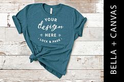 Heather Deep Teal Bella Canvas 3001 TShirt Mockup Old Wood Product Image 1