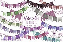 WATERCOLOR BUNTING BANNERS Clipart Watercolour Flags Greenery &amp; Rose Pink Confetti Wedding Party Invitation Graphics Product Image 1