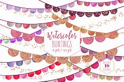 BUNTING BANNER CLIPART Watercolor Clip Art Pink &amp; Rose Gold Half Circles Metallic Glitter Confetti Birthday Party Graphics Product Image 1