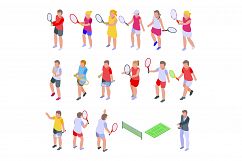 Kids playing tennis icons set, isometric style Product Image 1