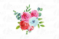 Watercolor Pink and Blue Roses and leafs clip art pack, png Product Image 10