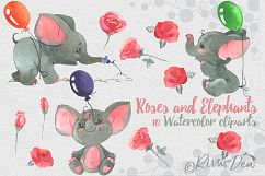 Roses and Elephants watercolor birthday clipart set Product Image 1
