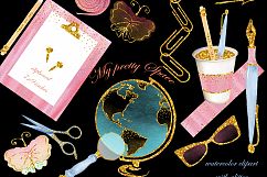  Stationary watercolor images, globe, dashboard, pen, pencil, glasses. Planner clipart. Watercolor clipart with glitter, instant download. Product Image 2