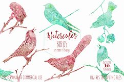 WATERCOLOR BIRD Clipart Burgundy &amp; Mint Watercolor Cute Birds on Branches Graphics Little Bird Silhouette Clipart Product Image 1