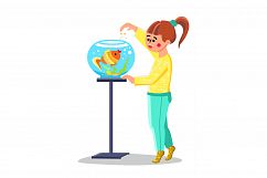 Little Girl Feed Fish In Fishbowl Aquarium Vector Product Image 1