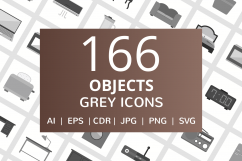 166 Objects Flat Greyscale Icons Product Image 1